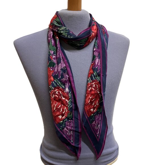Vera Neumann Floral Print Silky Scarf Blue Purple Vintage Hair Bow Tie Headband - Picture 5 of 5